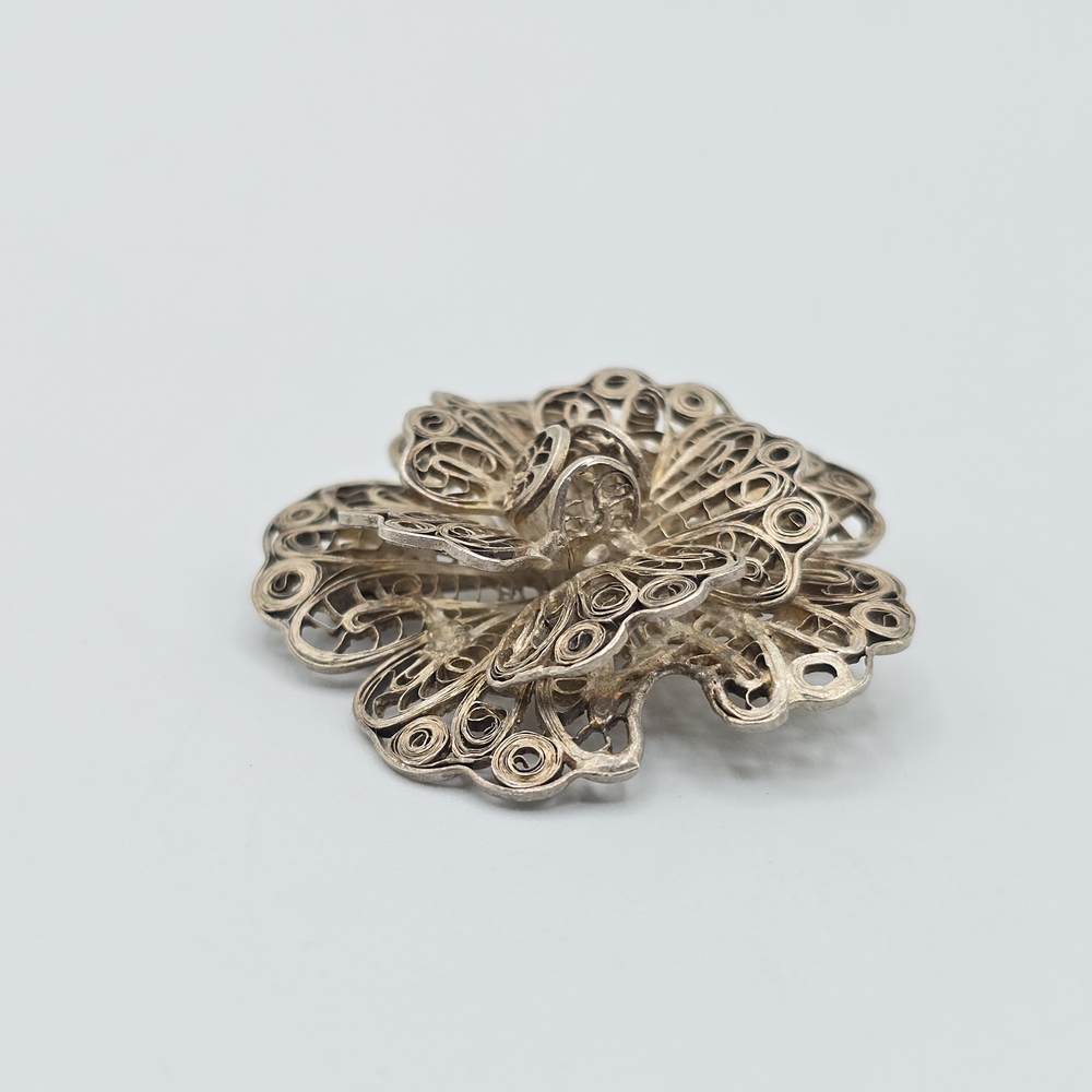 VTG Mexico Silver Filigree Flower Brooch Pin Layered Floral 1.75" REPAIR - Picture 2 of 12
